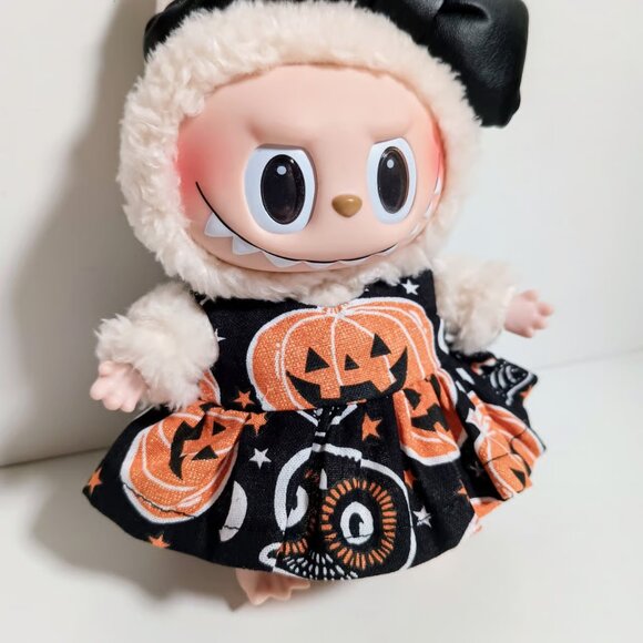 Custom Labubu Spooky Halloween Pumpkin Jack O Lantern Dress and Faux Leather Bow - Picture 3 of 5